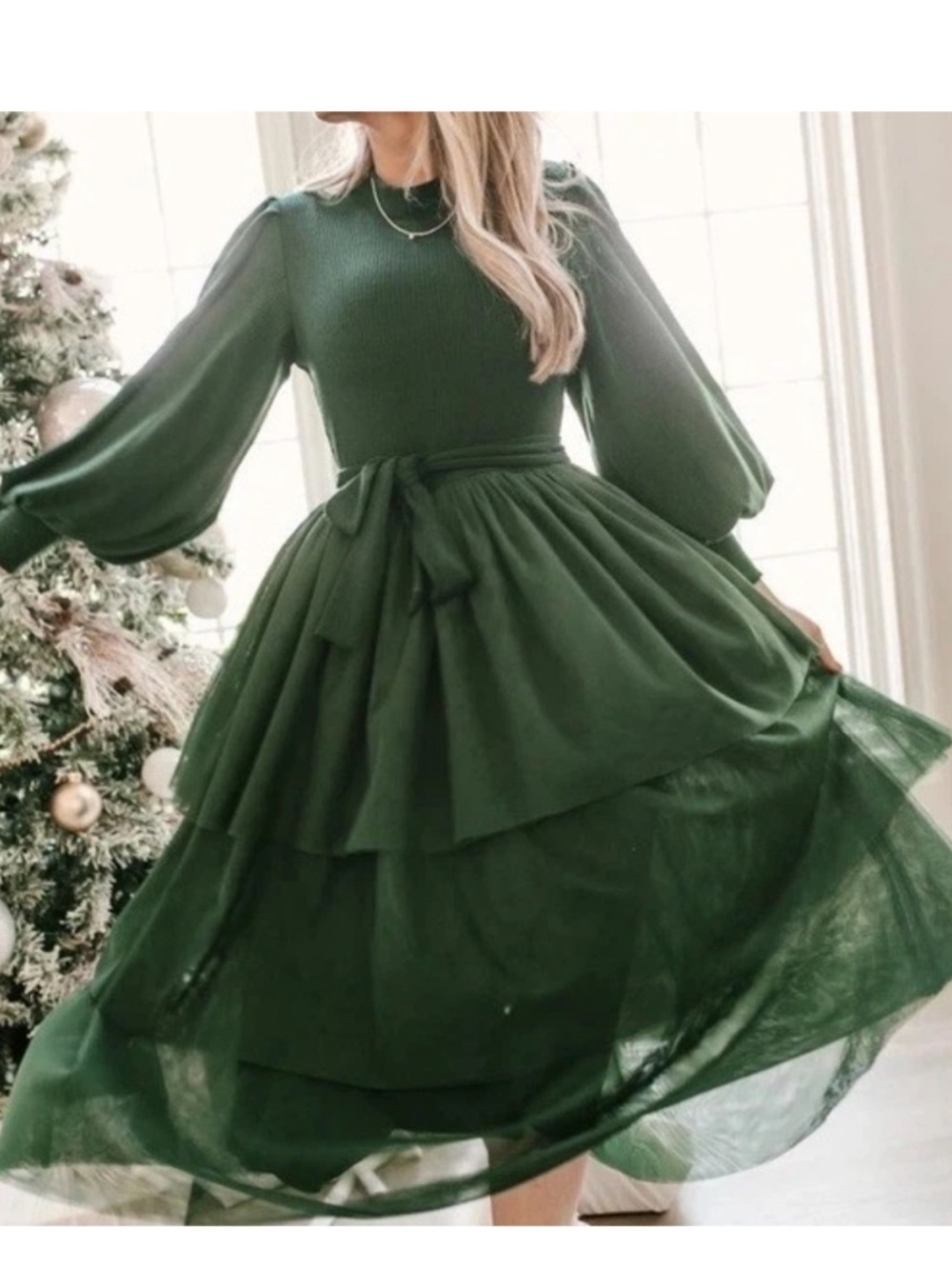 Ivy City Co Cosette Midi Dress in Green Ruffle Long Sleeve Size S